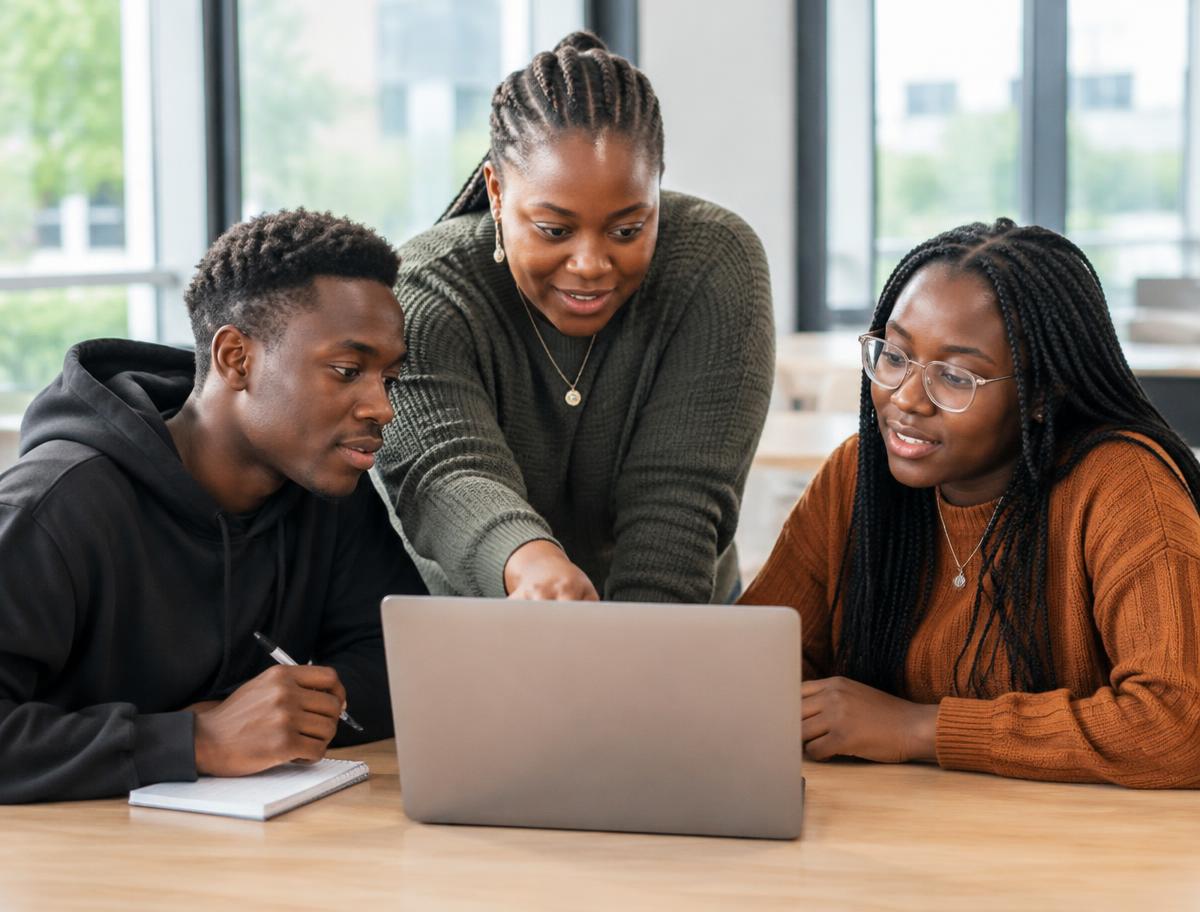 A mentor helping university students learn together